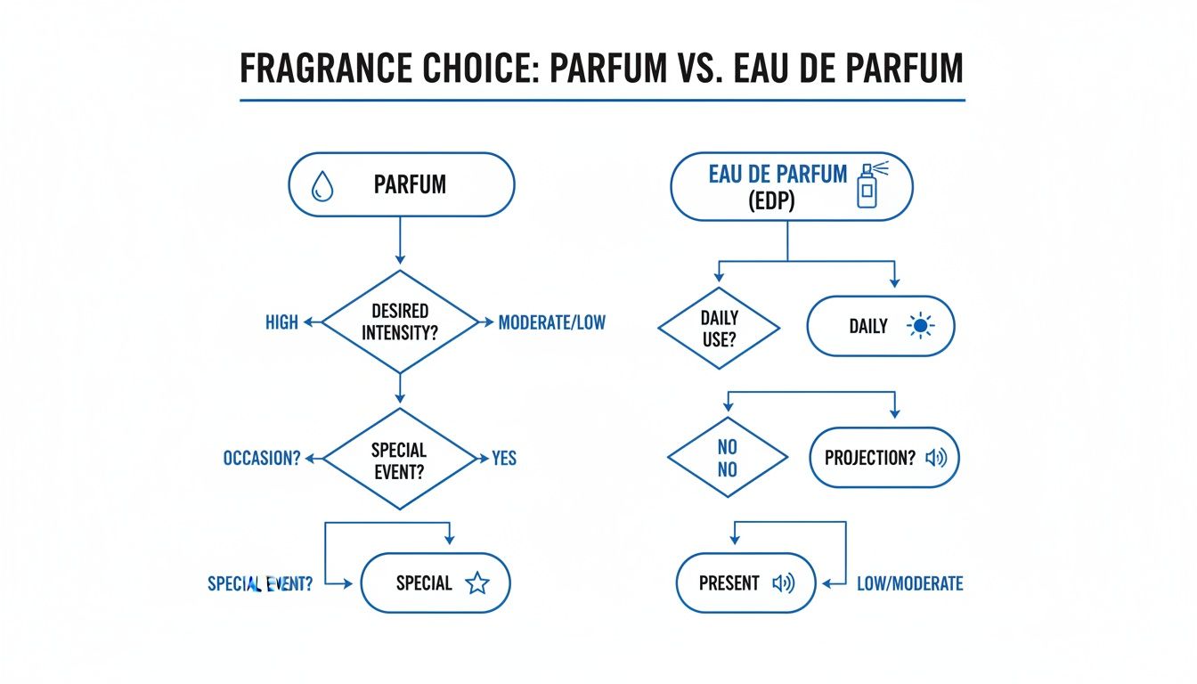 Flowchart comparing fragrance choices: Parfum for special events versus Eau de Parfum for daily use.