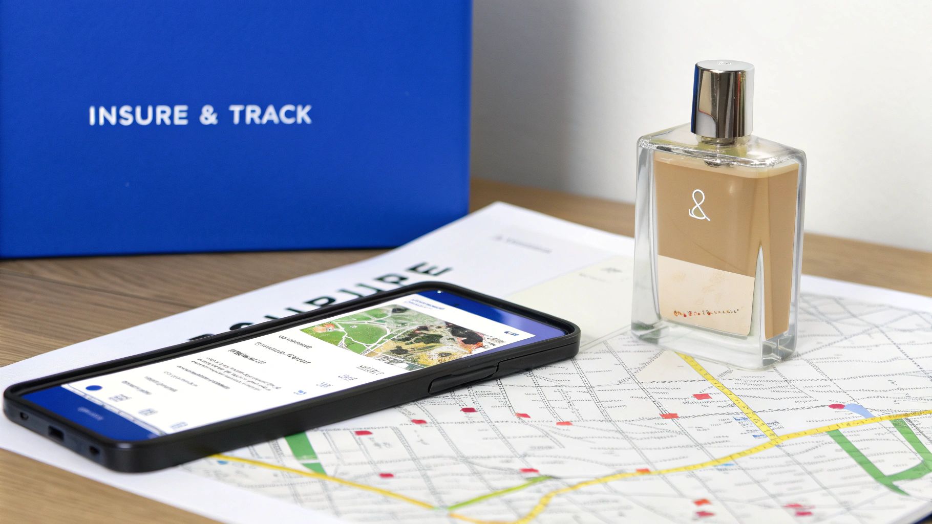 A smartphone displaying a map application, a perfume bottle, a paper map, and a blue 'INSURE & TRACK' box.