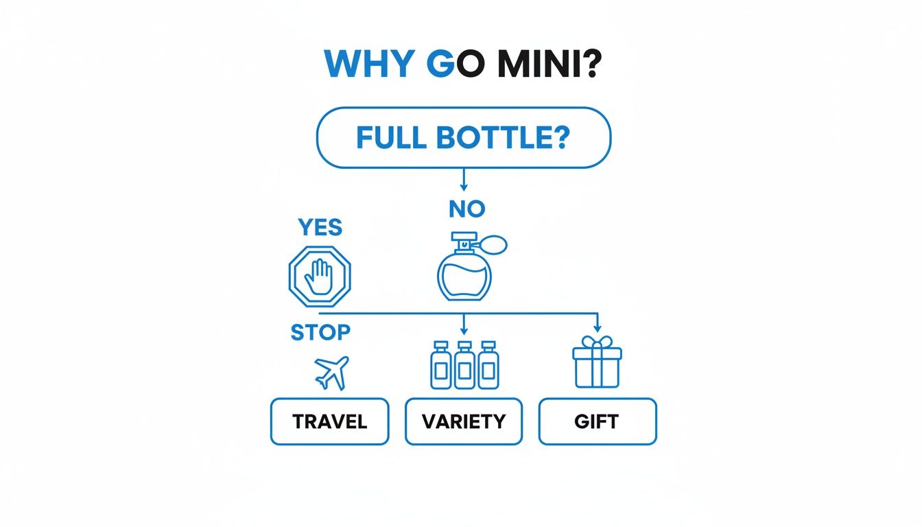 A flowchart explaining why to choose mini perfumes for travel, variety, or gifts.