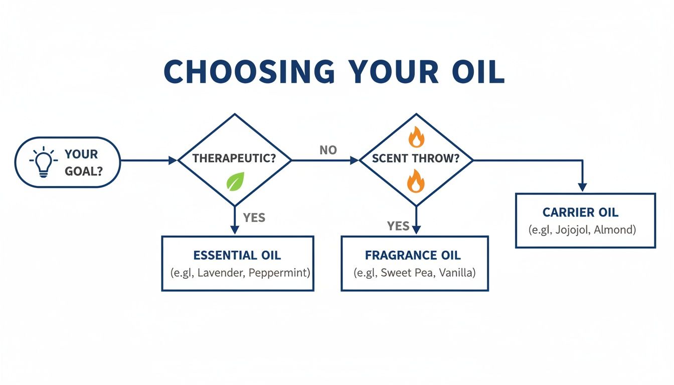 Flowchart guiding oil selection based on therapeutic needs for essential oil, scent throw for fragrance oil, or carrier oil.