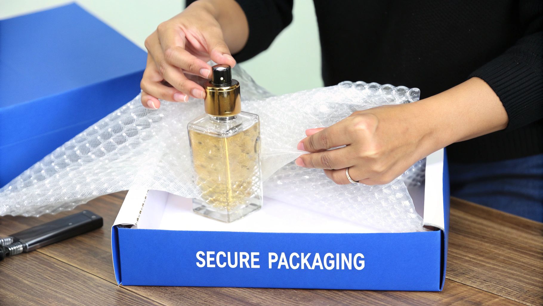 A person securely wraps a perfume bottle in bubble wrap within a blue box labeled 'SECURE PACKAGING'.