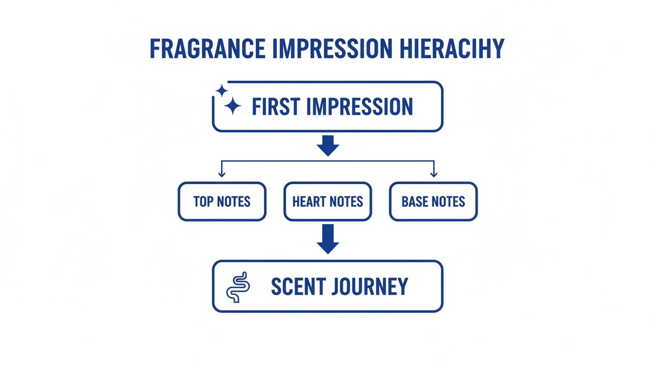 Flowchart showing fragrance impression hierarchy: first impression leads to top, heart, base notes and scent journey.