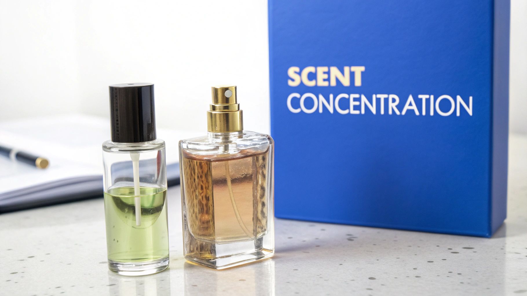 Two perfume bottles with different concentrations next to scent concentration blue box display