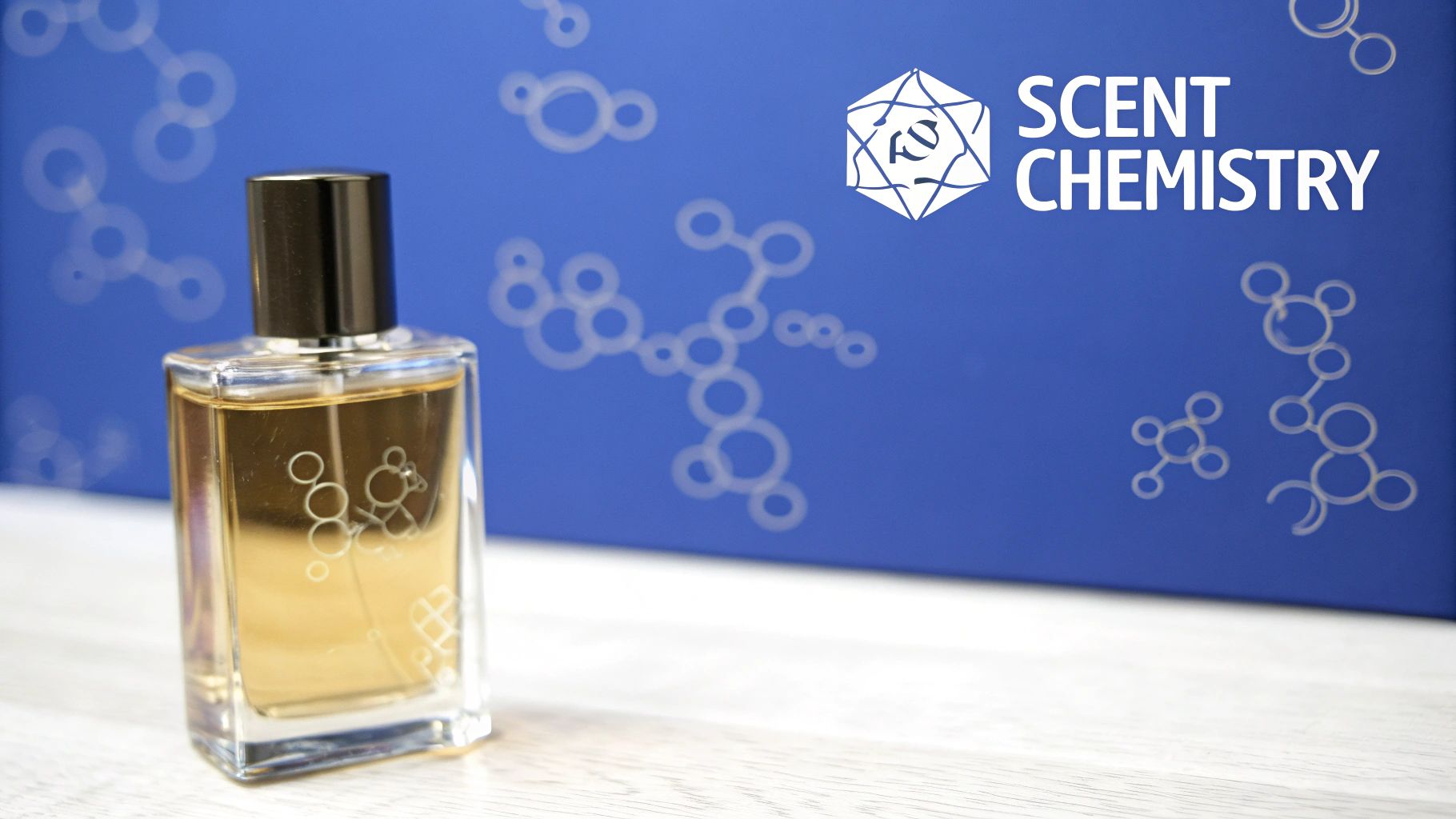 A square bottle of Scent Chemistry perfume on a wooden surface against a blue background with molecular graphics.