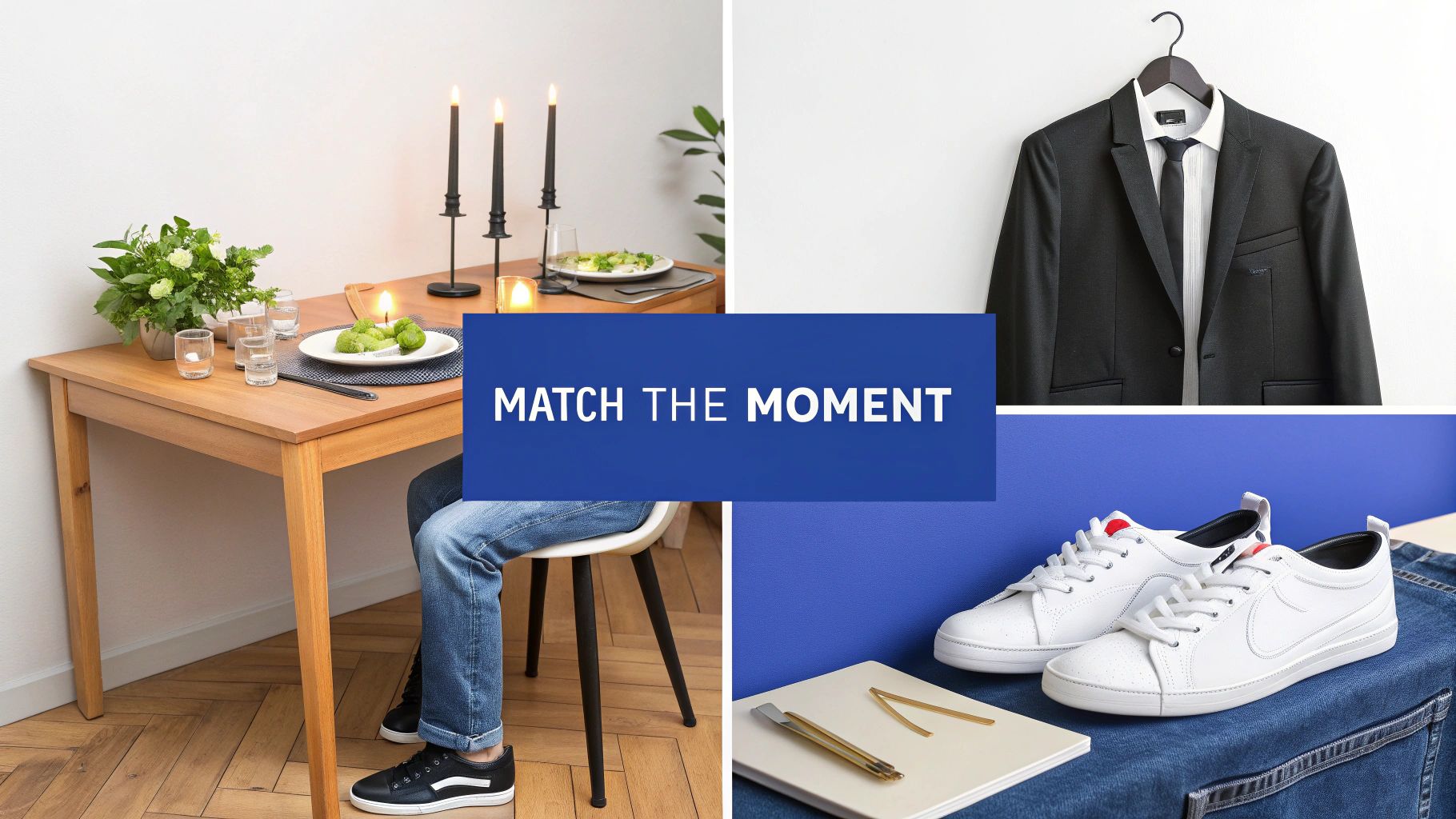 Collage showing a candlelit dinner, a formal suit, and casual sneakers, with text 'MATCH THE MOMENT'.
