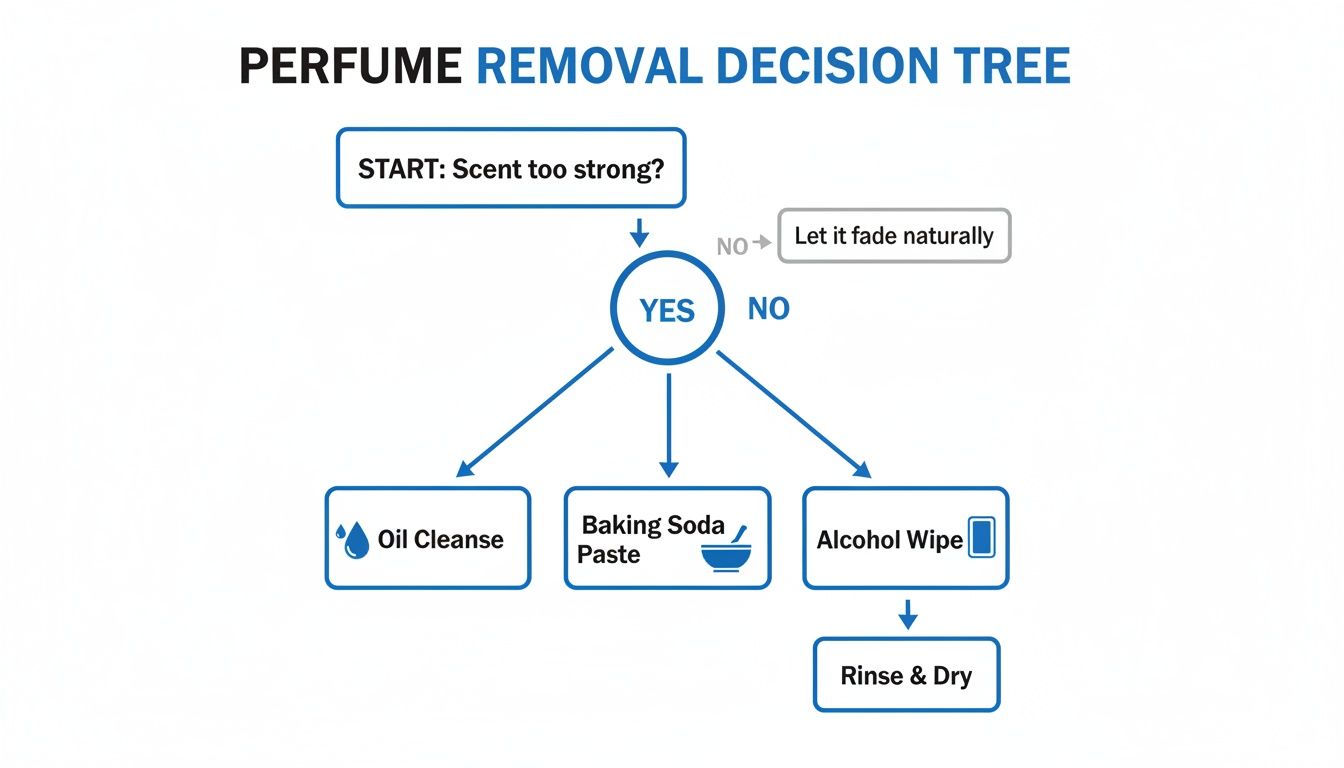 Decision tree for strong perfume scent removal, showing options like oil cleanse, baking soda, or alcohol wipe.