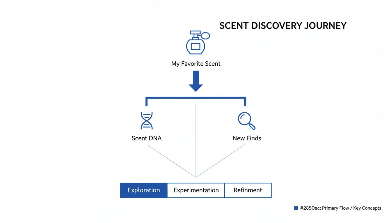 A flowchart illustrates the Scent Discovery Journey, starting from a favorite scent, leading to DNA analysis and new finds, culminating in exploration, experimentation, and refinement.