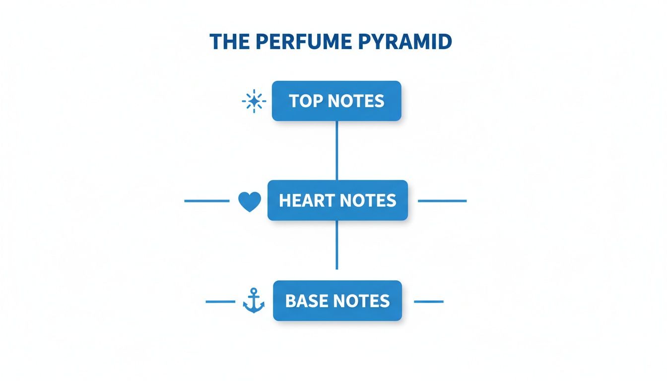 A clear diagram illustrating the perfume pyramid with top, heart, and base notes.