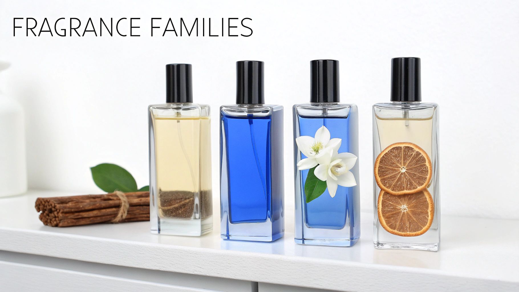 Four fragrance bottles on a white shelf with ingredients like cinnamon, flowers, and oranges, illustrating fragrance families.