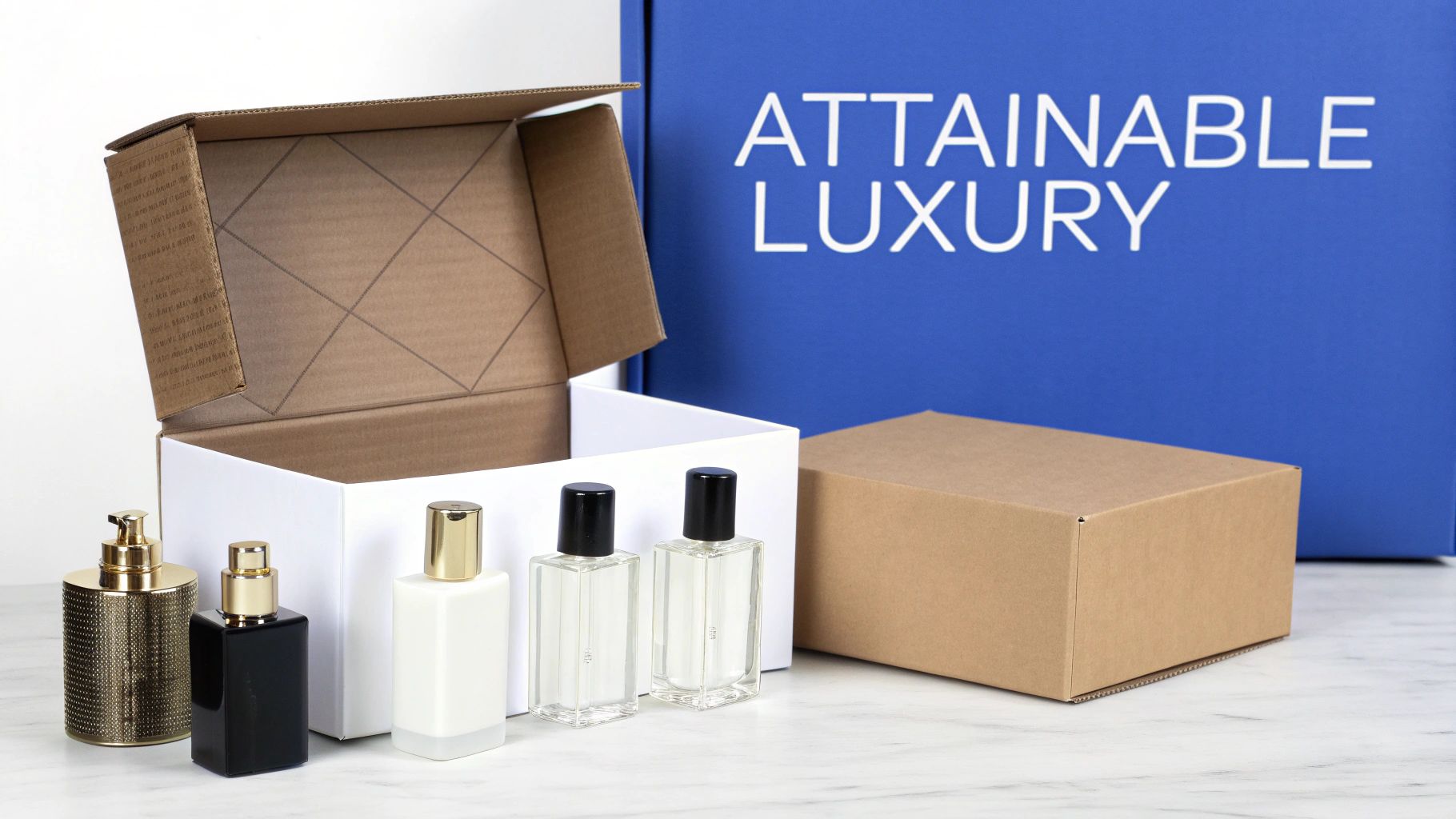 A blue box with 'ATTAINABLE LUXURY' alongside an open box, a closed box, and several perfume bottles on a marble surface.