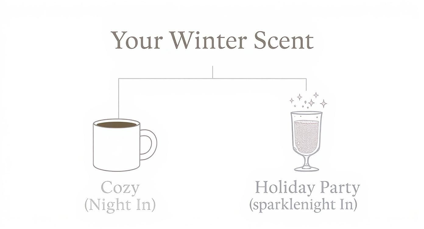 Diagram illustrating two winter scent preferences: a cozy night in with a mug, or a sparkling holiday party.