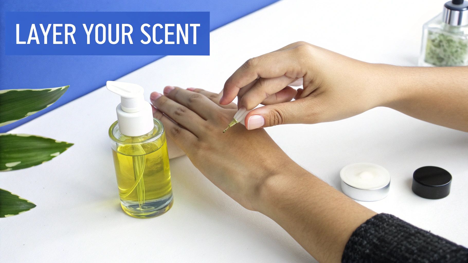 Hands applying perfume oil to skin, with a scent bottle, leaves, and a candle nearby.
