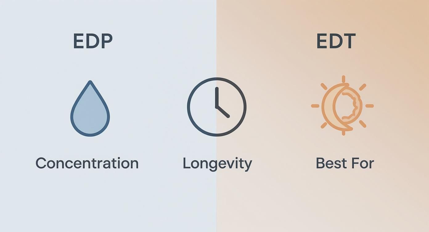 Comparison chart showing EDP versus EDT concentration, longevity, and best usage with icons