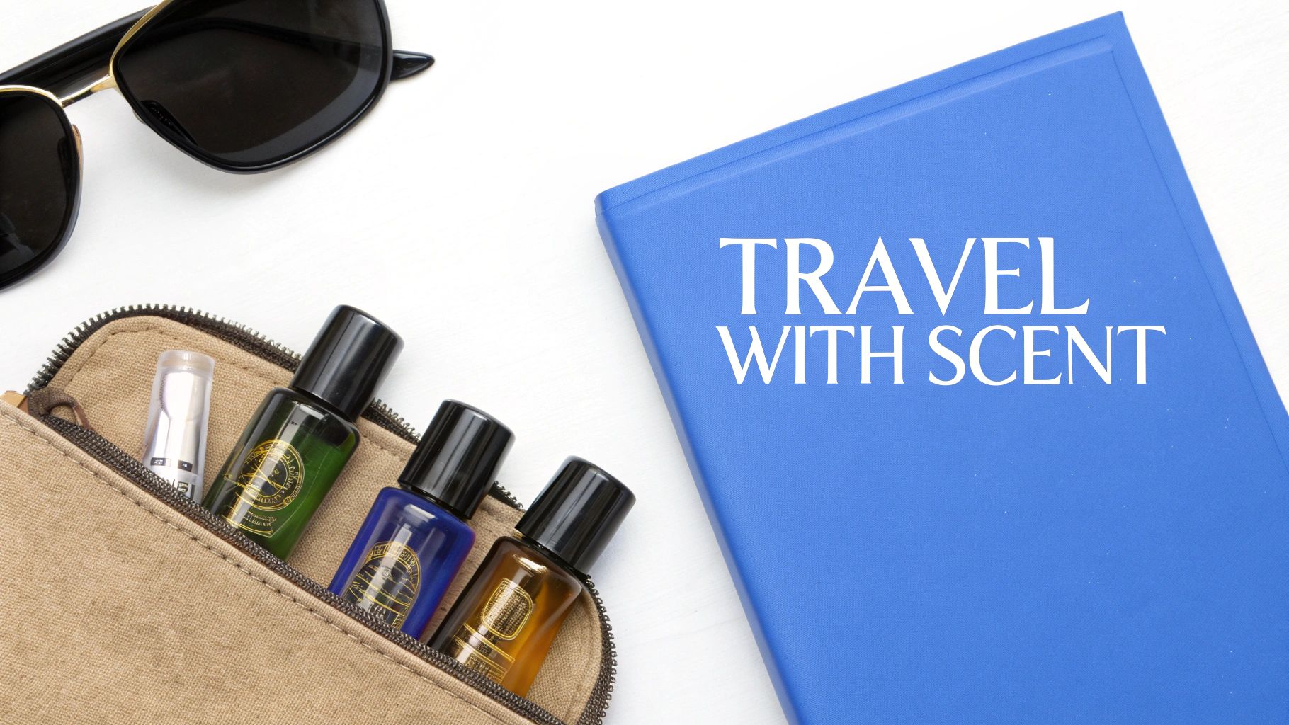 A collection of perfume sample vials arranged for travel