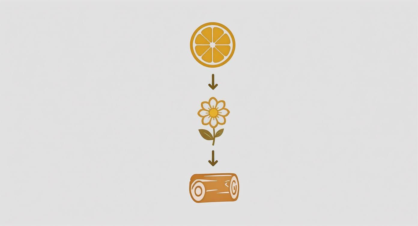 A vertical diagram illustrating a citrus slice, a flower, and a wood log, connected by arrows.