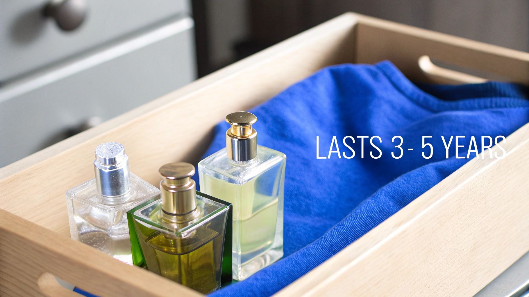 Three perfume bottles neatly arranged in a wooden drawer next to a folded blue shirt.