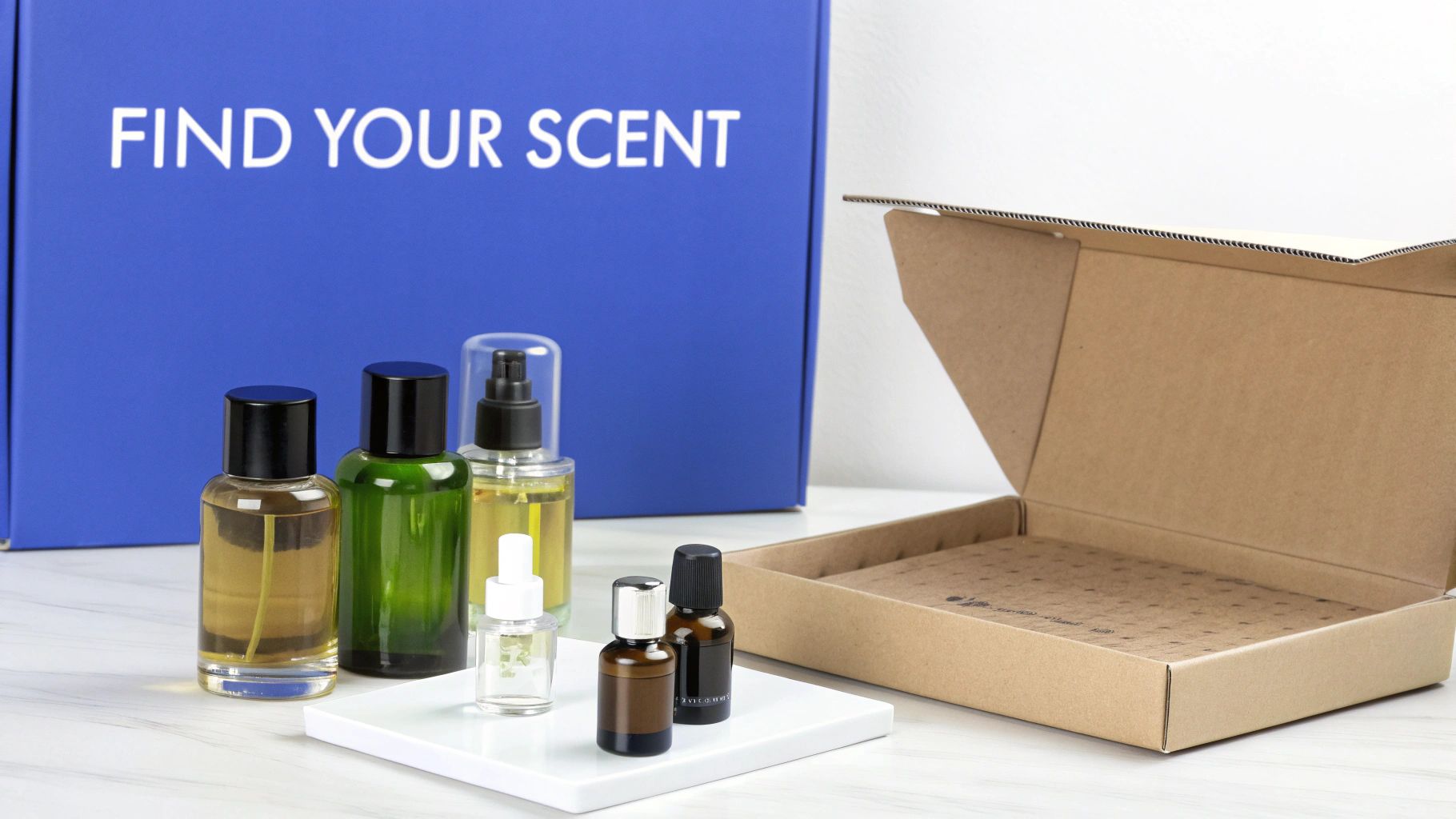 A collection of perfume bottles in various sizes, with a blue 'FIND YOUR SCENT' box and an open cardboard box.