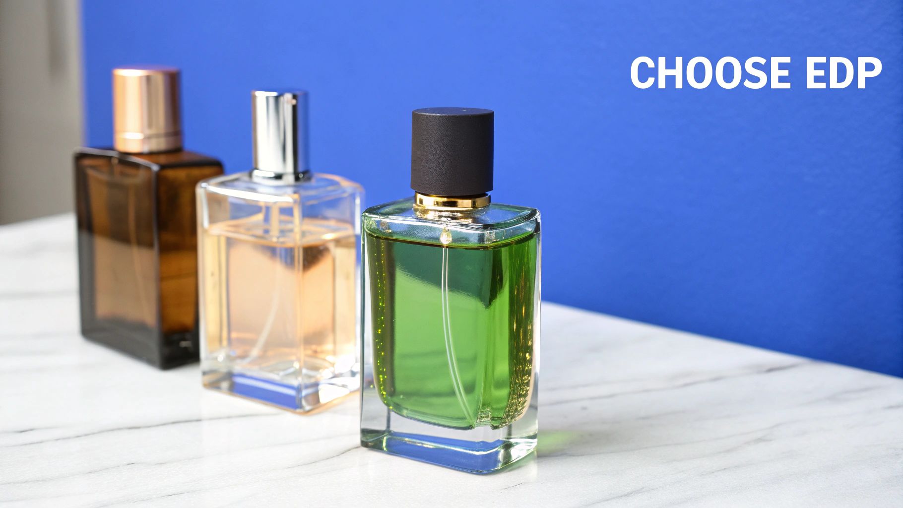 Three perfume bottles on a marble surface with a blue background, the green bottle in focus, and 'CHOOSE EDP' text.