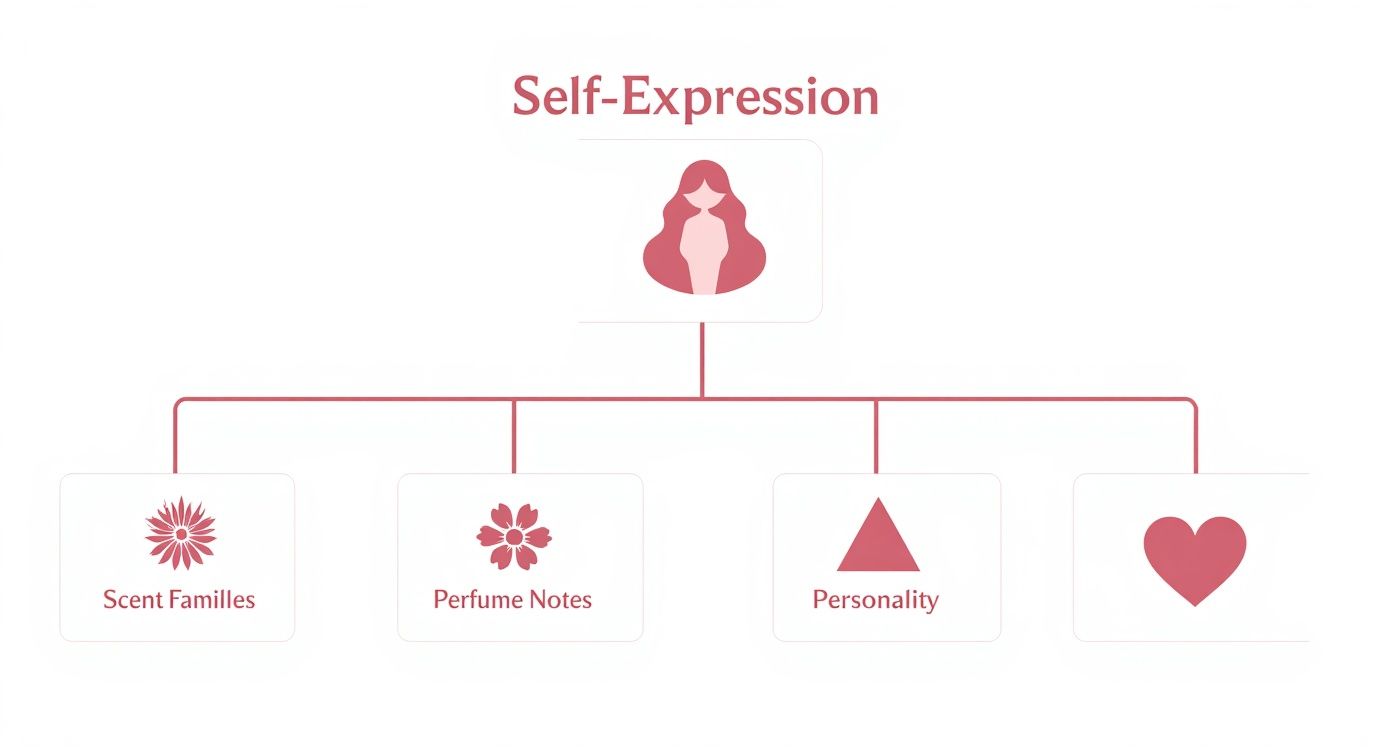 Mind map illustrating Self-Expression linked to Scent Families, Perfume Notes, and Personality.