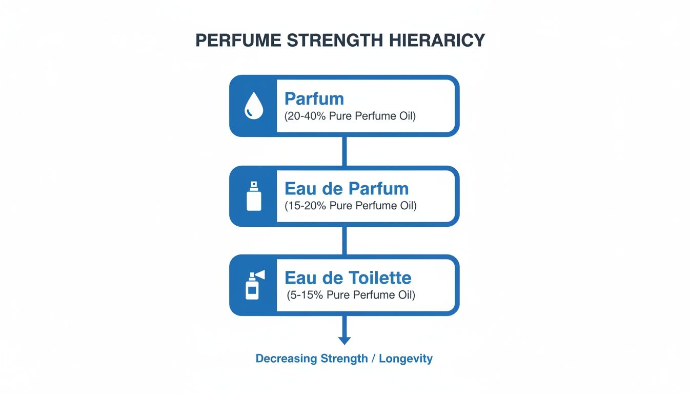 A flow chart illustrating perfume strength hierarchy from Parfum to Eau de Toilette with oil percentages.