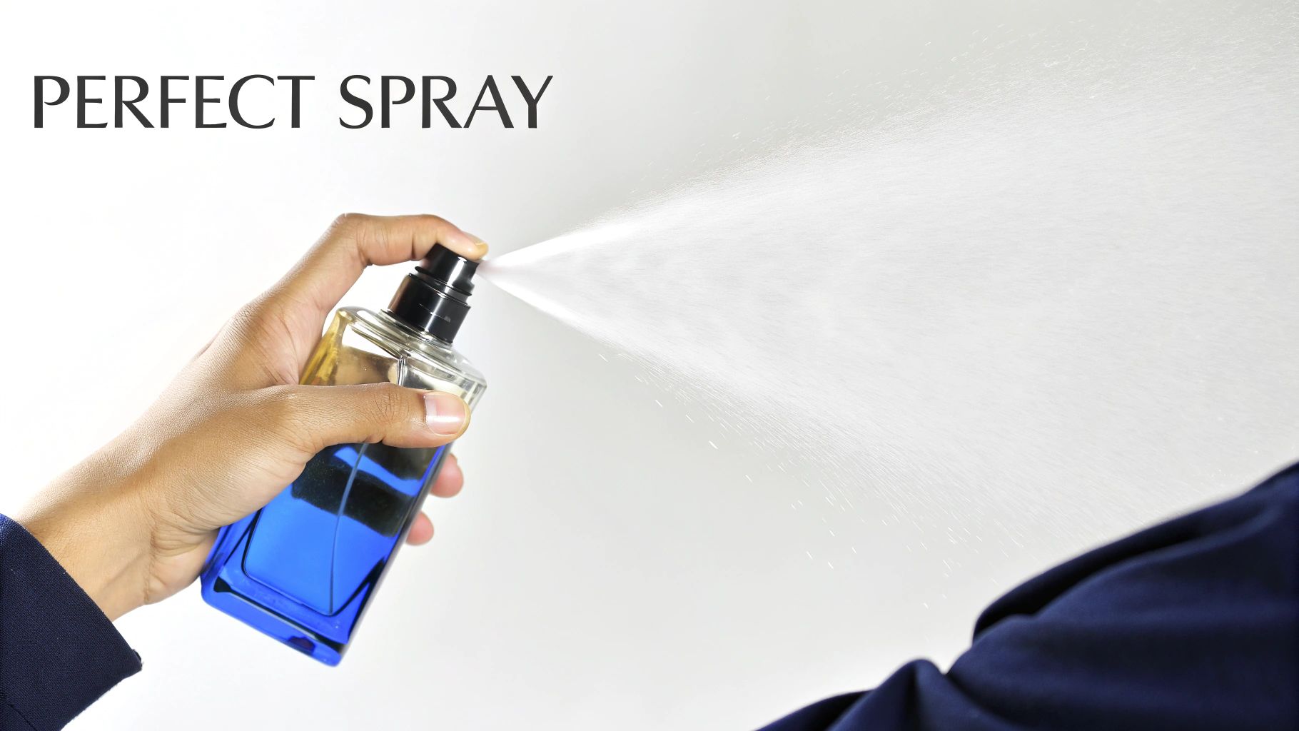 A hand sprays a blue cologne bottle, releasing a perfect fine mist against a white background.