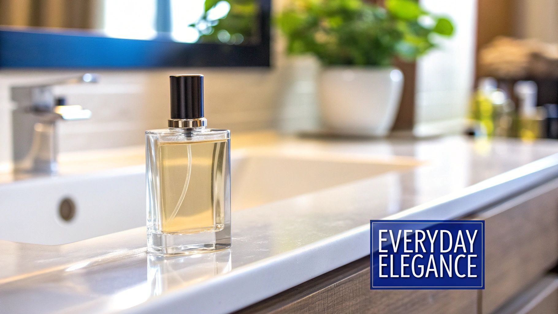 A sleek rectangular perfume bottle with a dark cap sits on a clean bathroom counter.