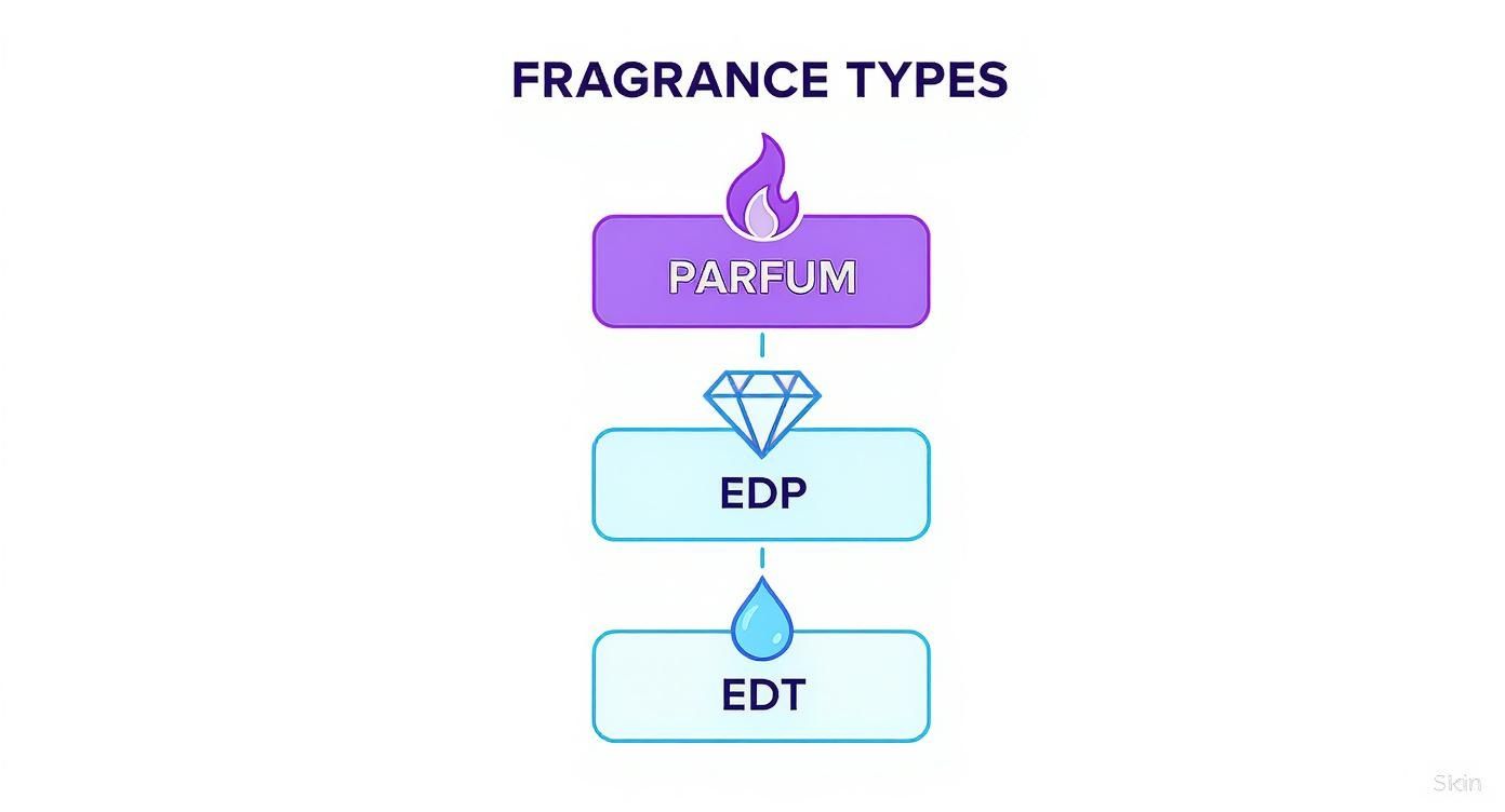 A diagram illustrates different fragrance types: Parfum, EDP, and EDT, arranged in a hierarchy.