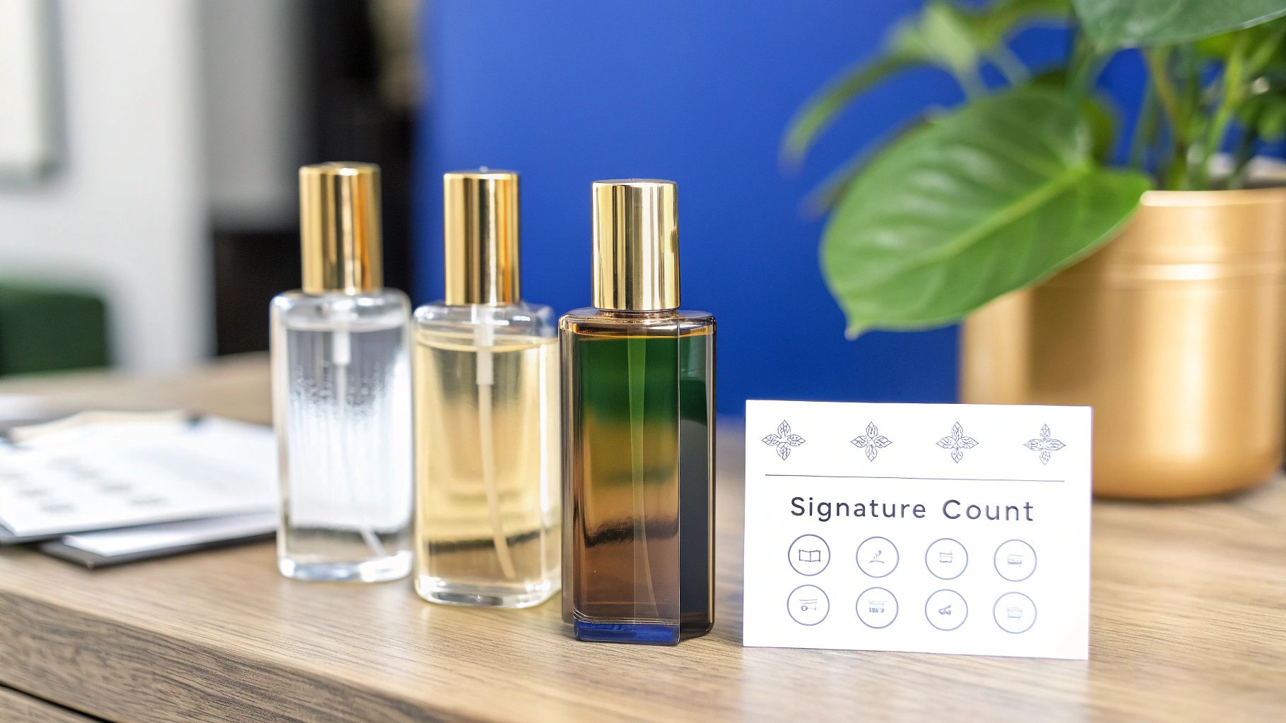 Three elegant perfume bottles, clear, yellow, and green, on a wooden table with a 'Signature Count' card.
