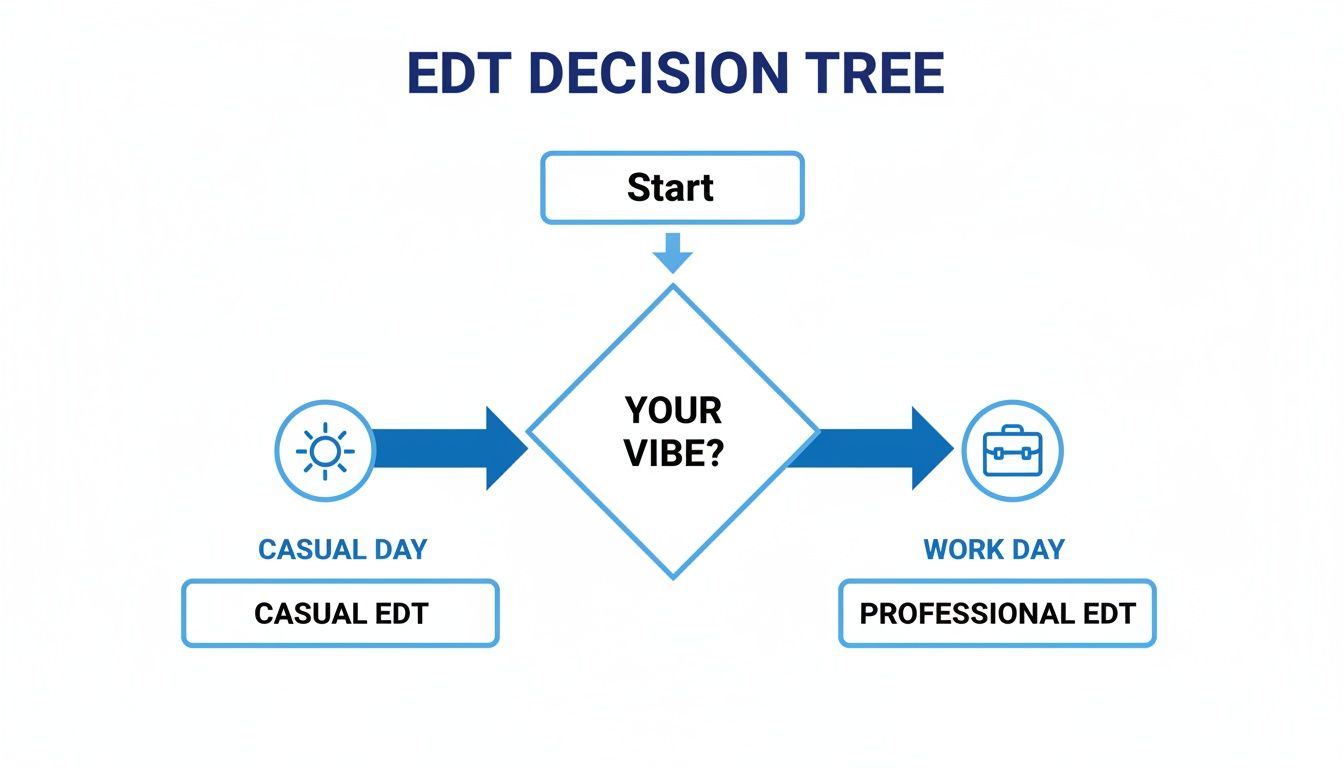 Flowchart outlining the decision process for choosing between casual and professional EDT based on the day's vibe.