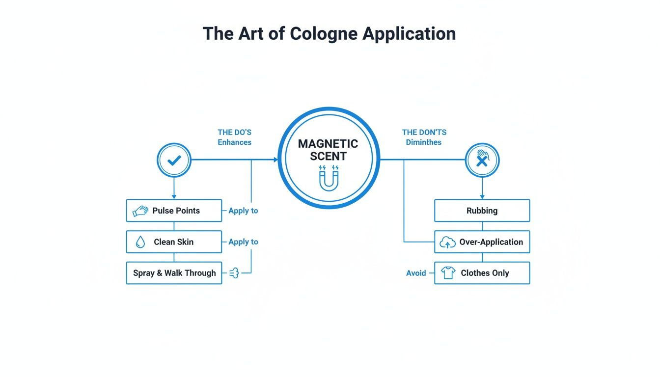 A diagram illustrating the do's and don'ts for applying cologne to achieve a magnetic scent.