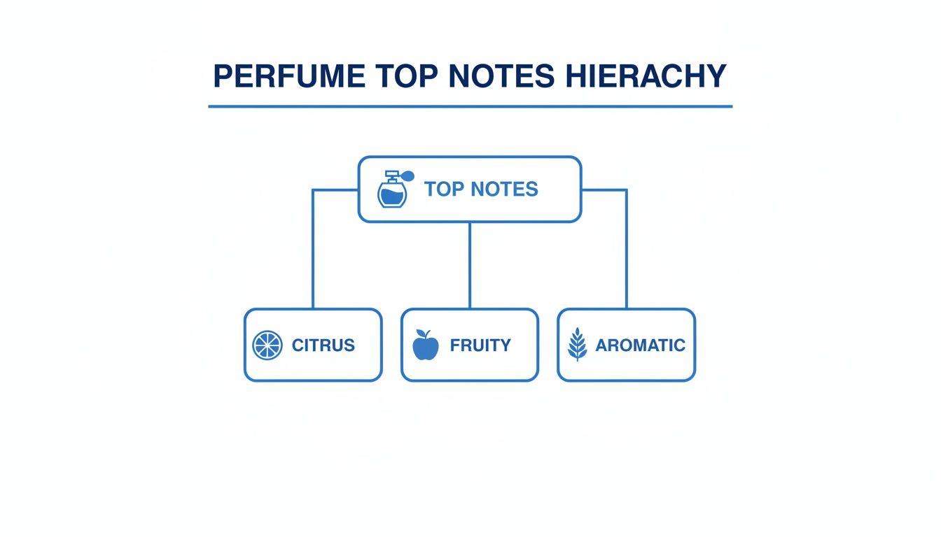 A hierarchy diagram illustrating perfume top notes categorized into citrus, fruity, and aromatic scents.