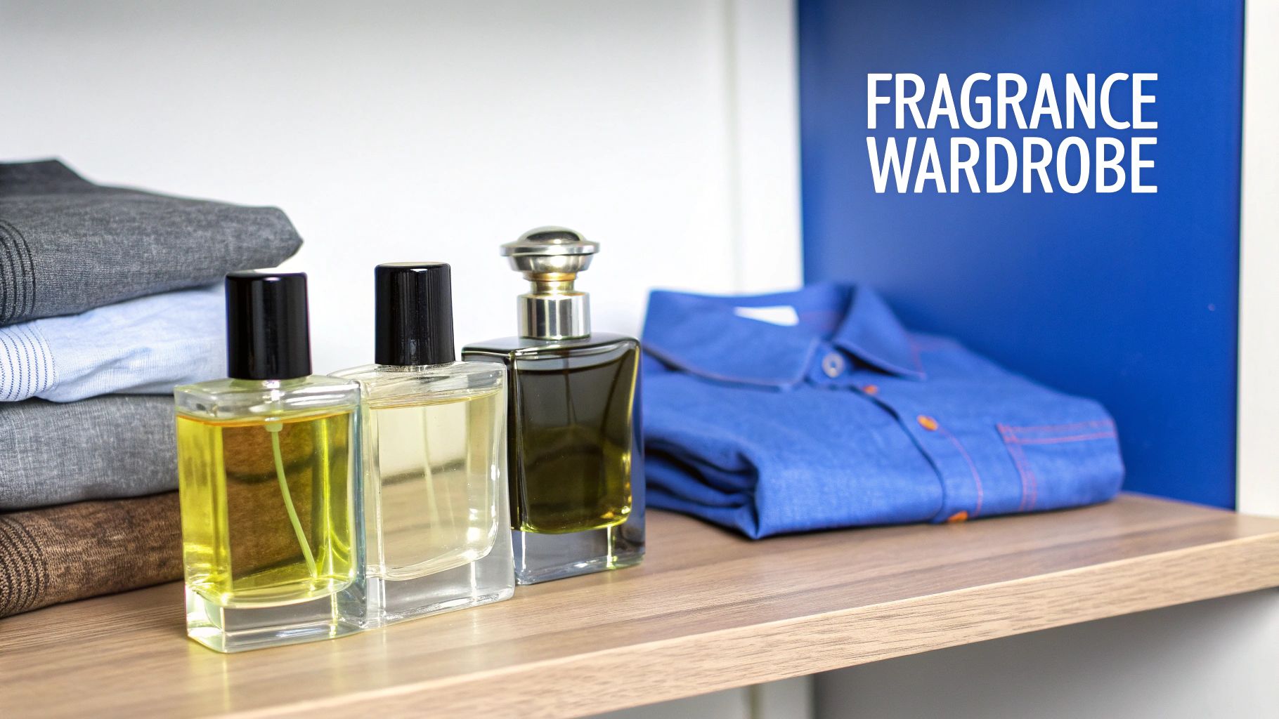 Three cologne bottles, folded clothes, and a blue shirt on a shelf, with 'FRAGRANCE WARDROBE' text.