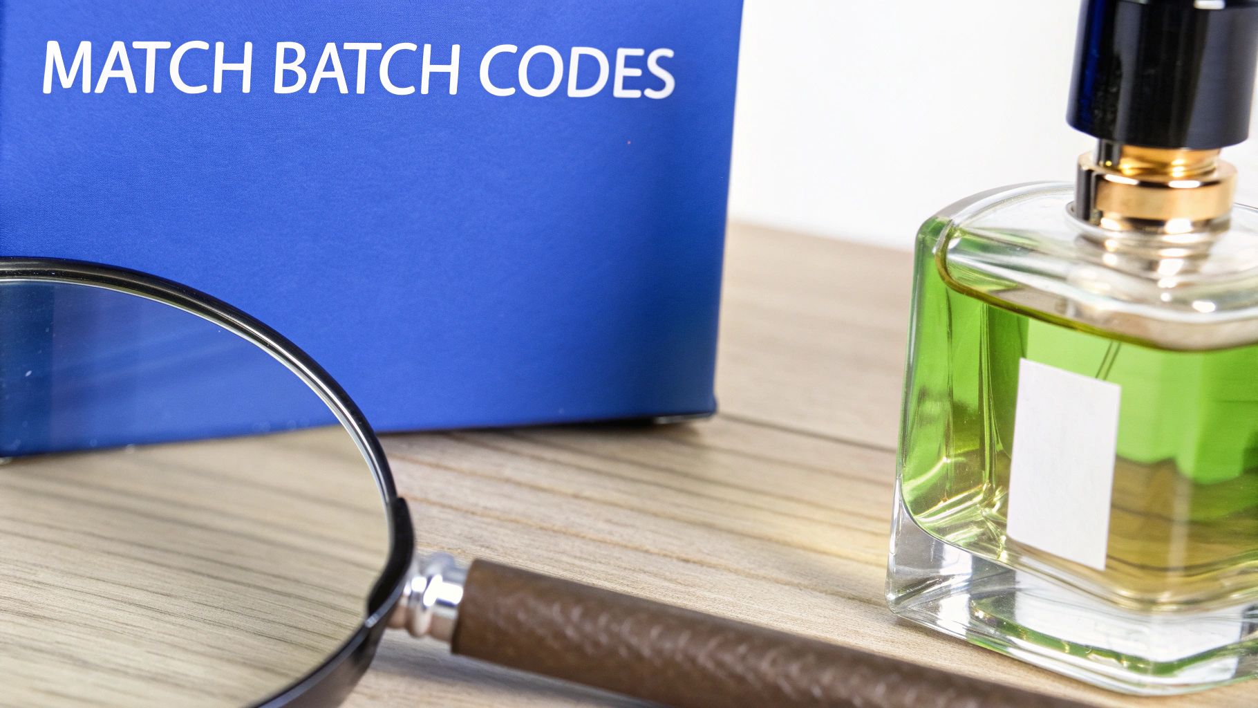 A magnifying glass inspecting a perfume bottle and a blue box displaying 'MATCH BATCH CODES'.