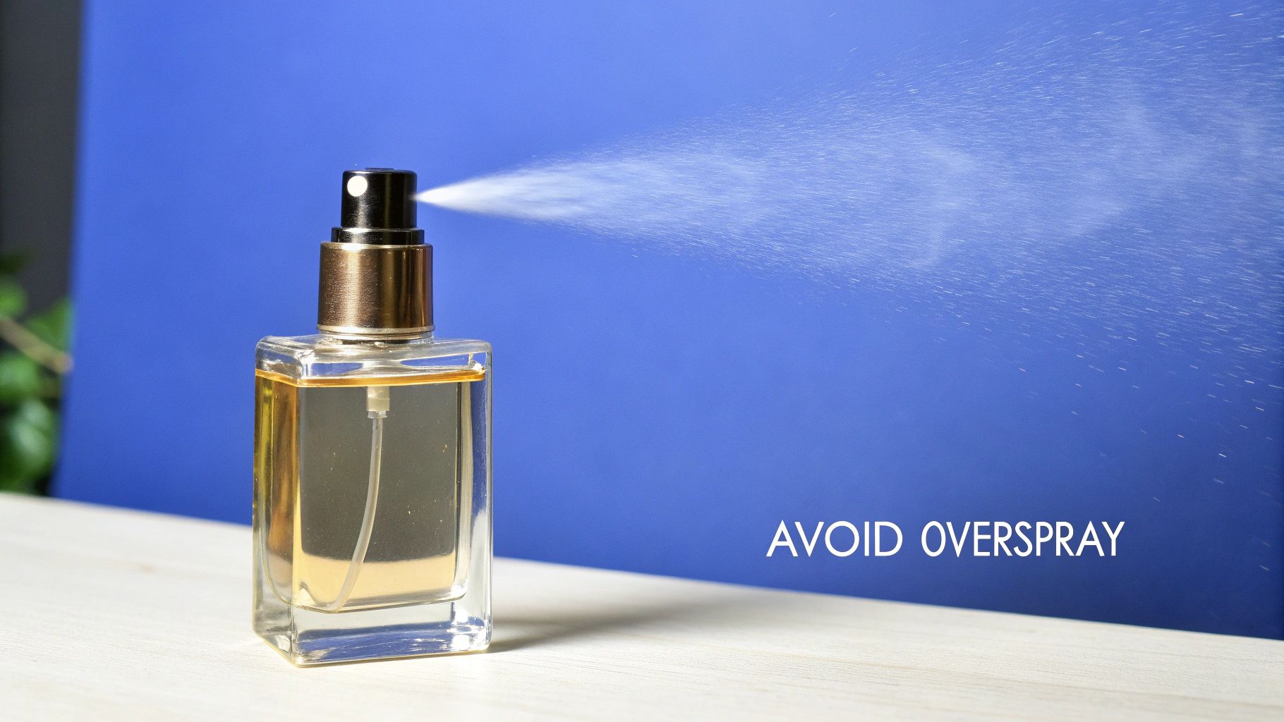 A perfume bottle spraying a fine mist against a blue background, with the text 'AVOID OVERSPRAY'.