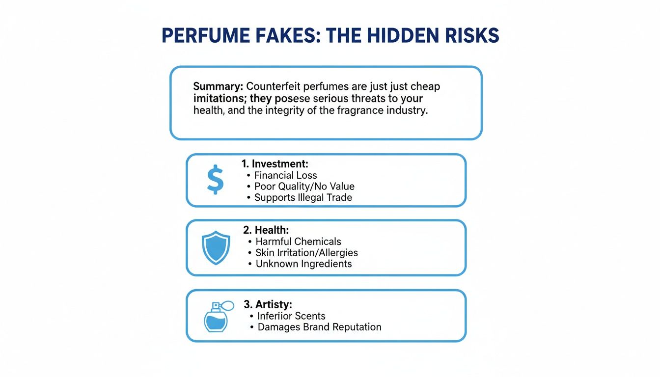 Infographic detailing the hidden risks of counterfeit perfumes, covering investment, health, and artistry.