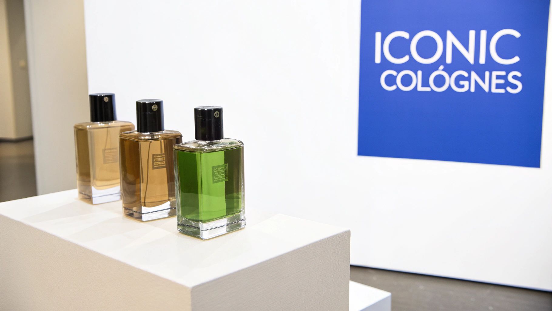 Three elegant cologne bottles, one green and two amber, displayed on a white stand with an 'ICONIC COLÓGNES' sign.