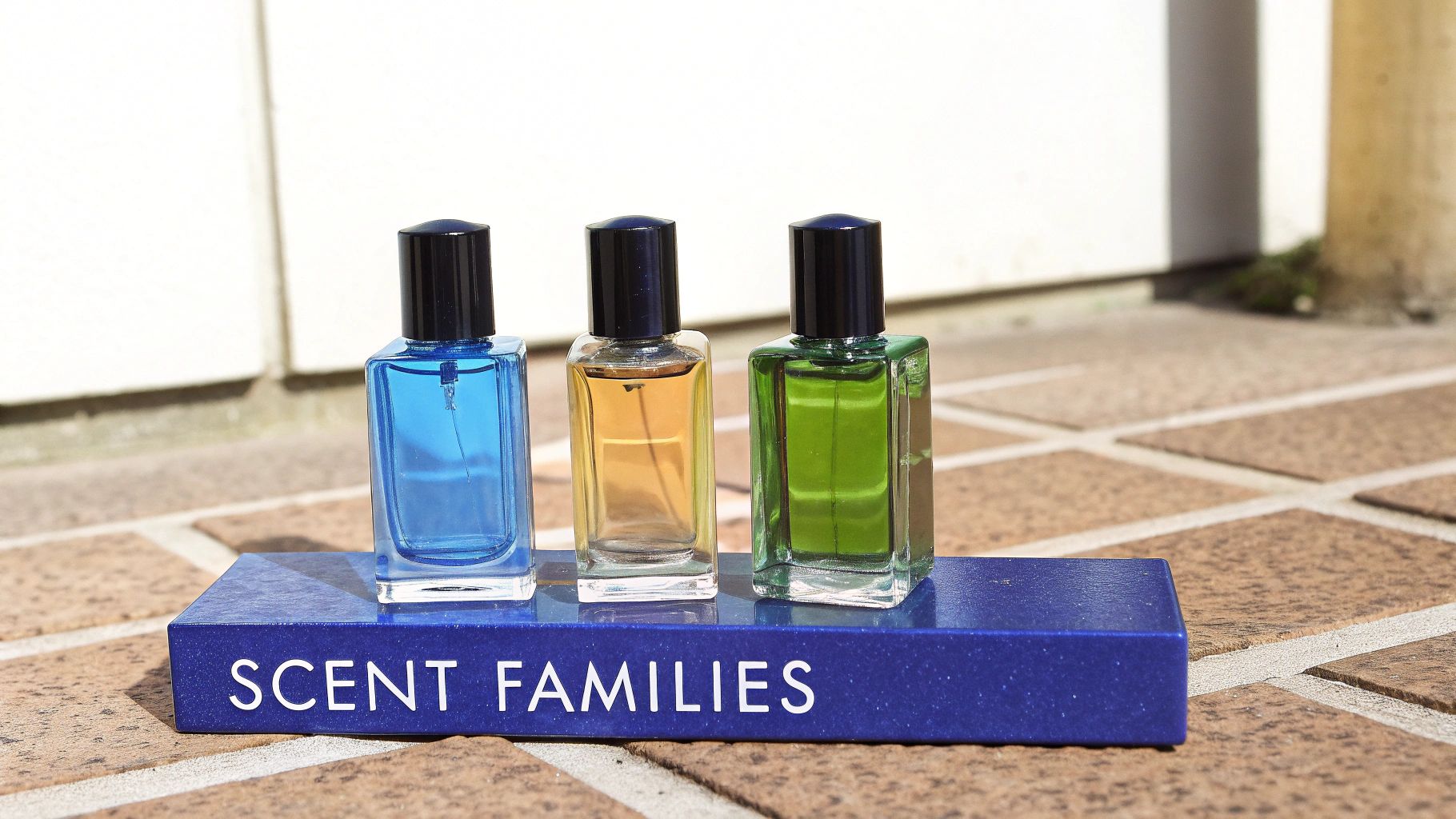 Three small perfume bottles in blue, amber, and green on a 'SCENT FAMILIES' display stand.
