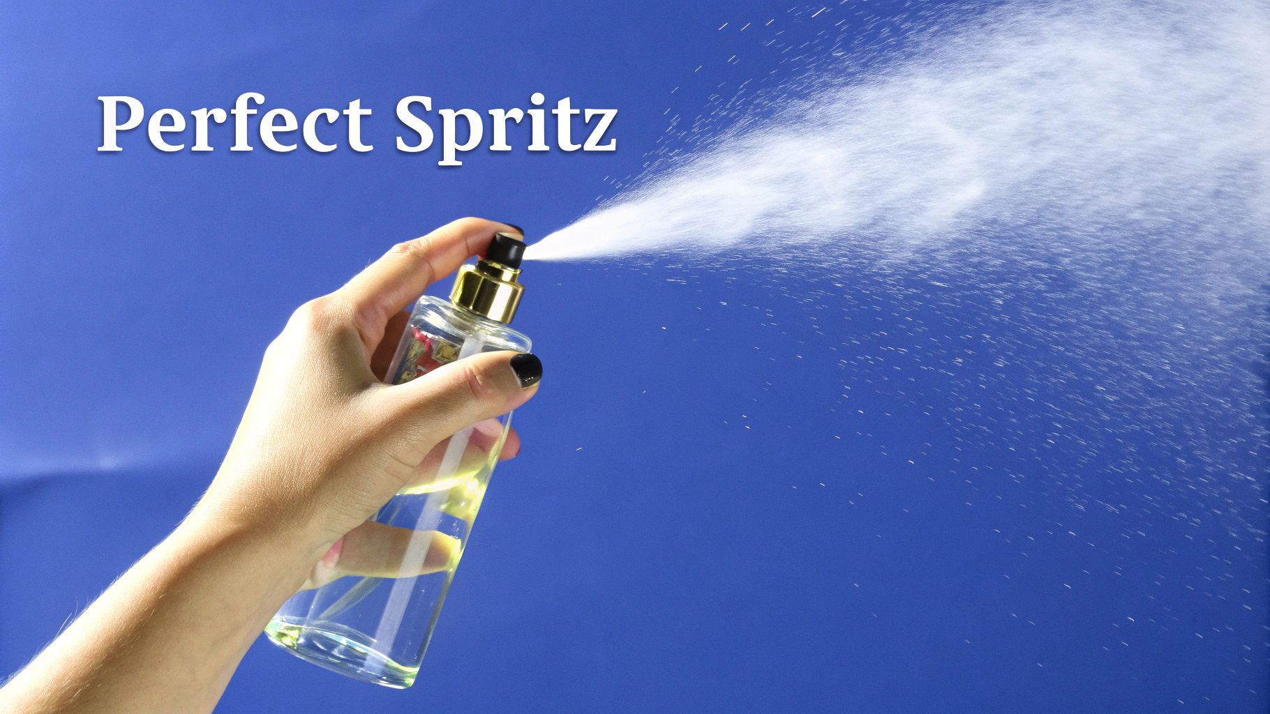 A hand holds a clear perfume bottle spraying a fine mist against a blue background, with text "Perfect Spritz".
