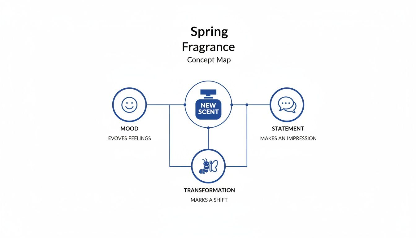 Concept map illustrating a new spring fragrance's impact on mood, statement, and transformation.
