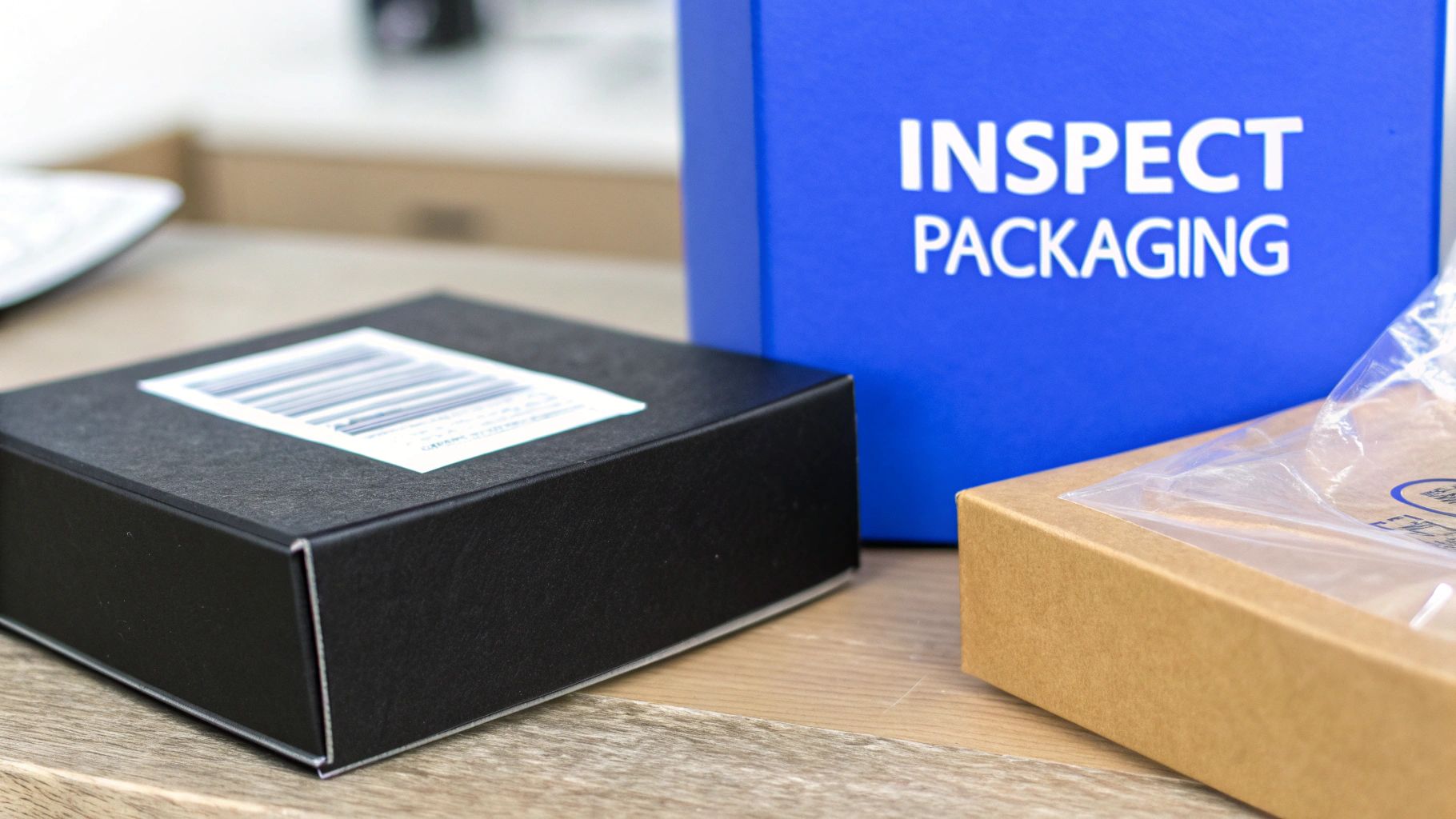 Three packages: a black box with a barcode, a blue 'INSPECT PACKAGING' box, and a brown box.