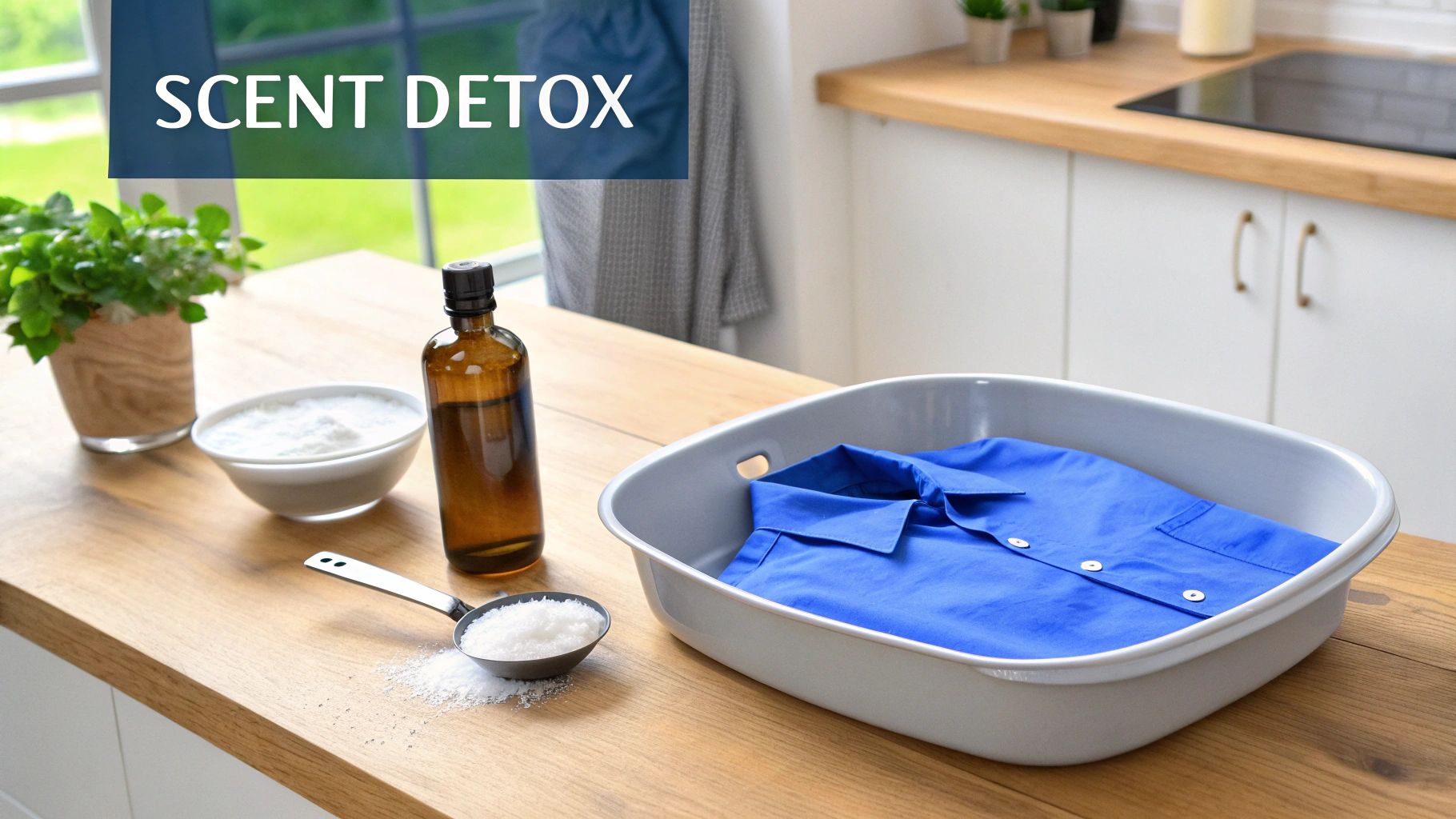 Ingredients for scent detox: blue shirt in basin, baking soda, and vinegar on a wooden counter.