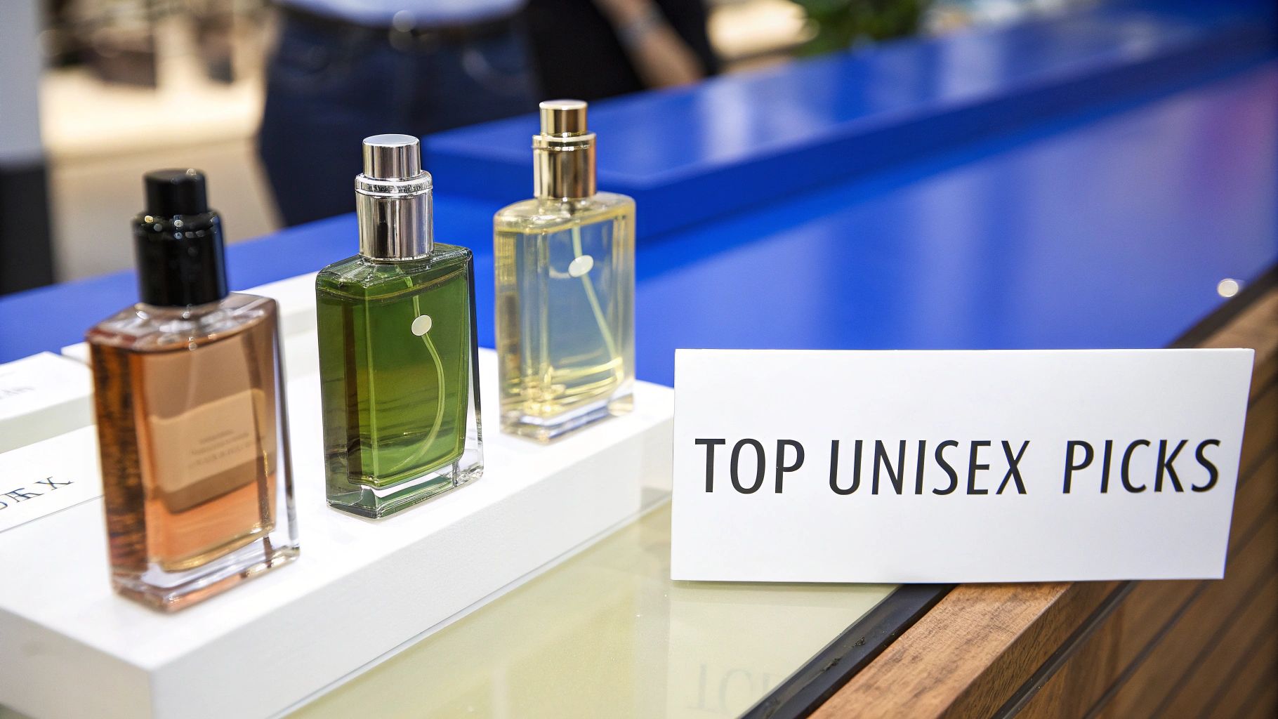 Three elegant bottles of unisex fragrances displayed on a white stand next to a 'TOP UNISEX PICKS' sign.