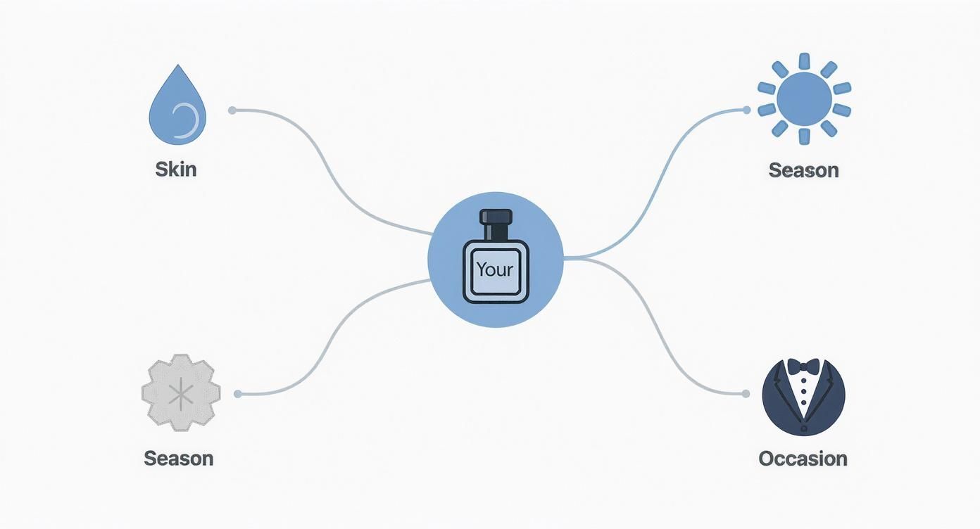 A diagram illustrating factors for choosing a fragrance, including skin type, season, and occasion.
