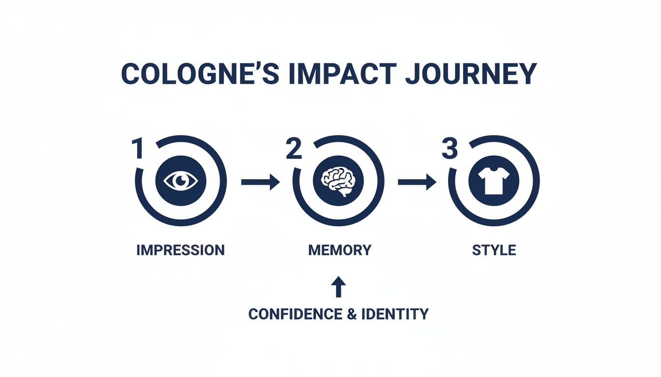 A three-step infographic showing cologne's impact journey: Impression, Memory, and Style, boosted by Confidence and Identity.