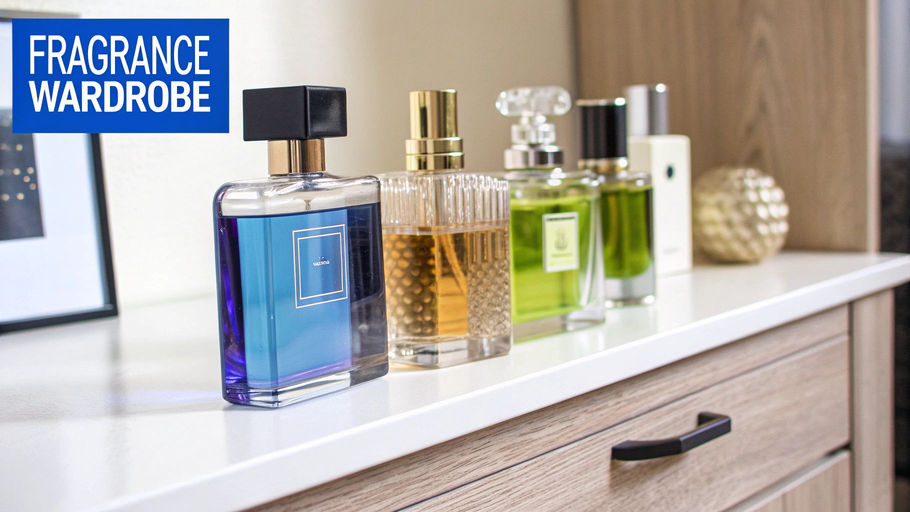 A diverse collection of colorful perfume bottles displayed neatly on a white dresser top.