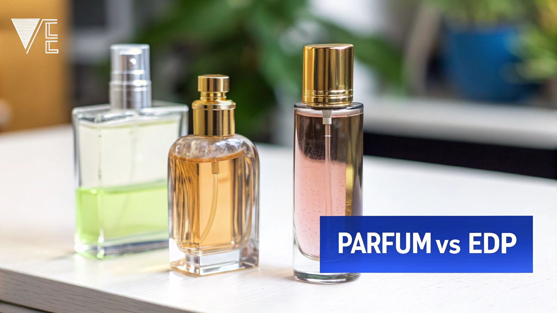Three elegant perfume bottles with different liquid colors and 'PARUM vs EDP' text.