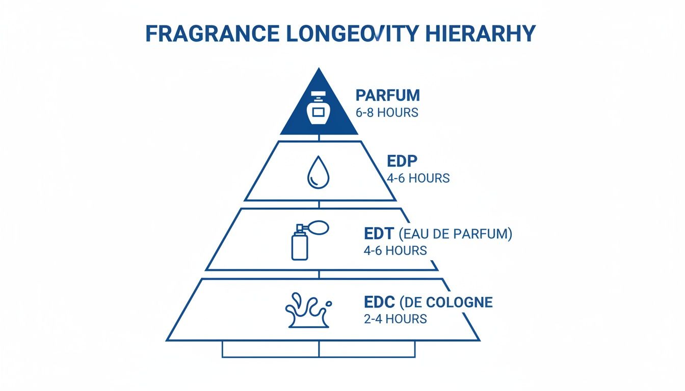 Fragrance longevity hierarchy pyramid showing wear times for Parfum, EDP, EDT, and EDC types.