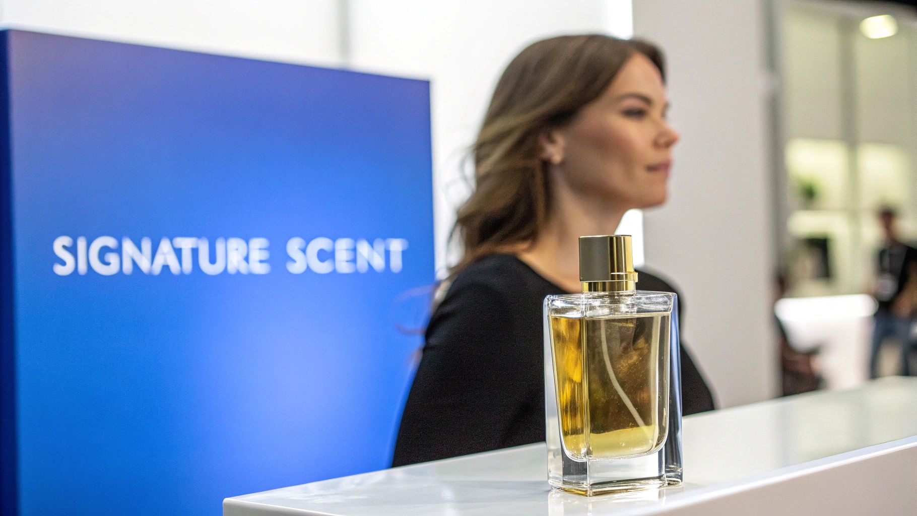 A golden perfume bottle on a display counter with a blurred woman and 'SIGNATURE SCENT' sign.
