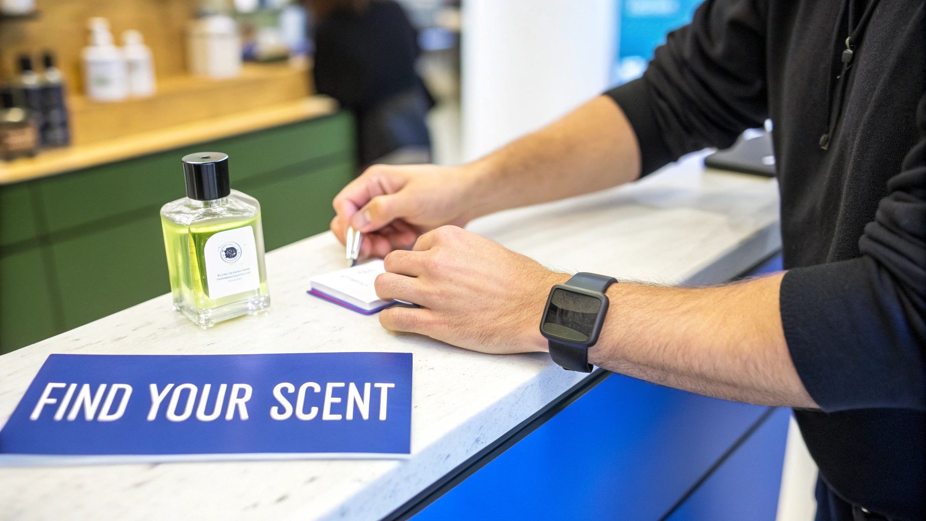 Man's hands writing notes on a pad at a counter next to a cologne bottle and a "FIND YOUR SCENT" sign.
