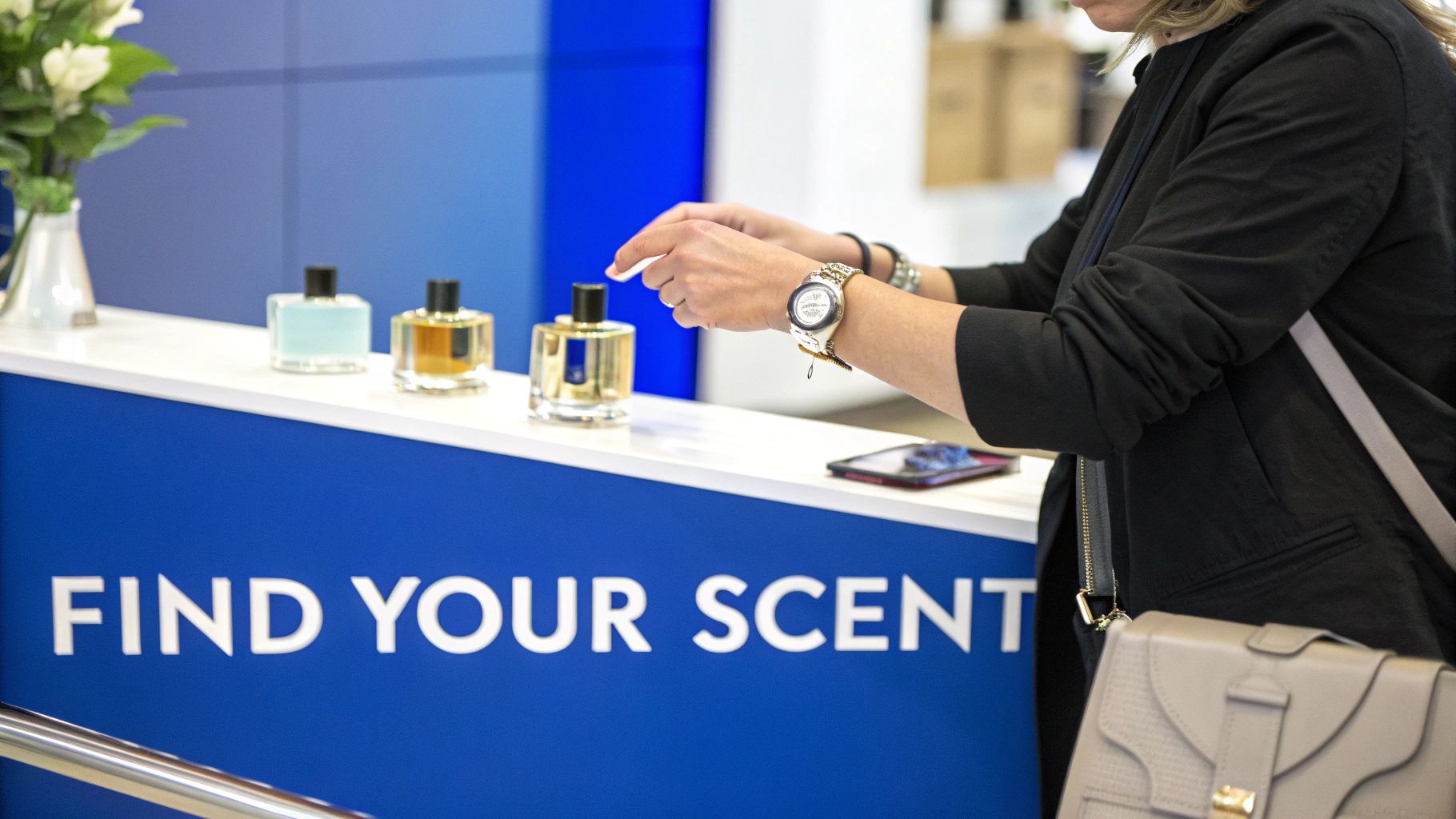 Woman sampling fragrances at a perfume counter with "FIND YOUR SCENT" text on a blue display.